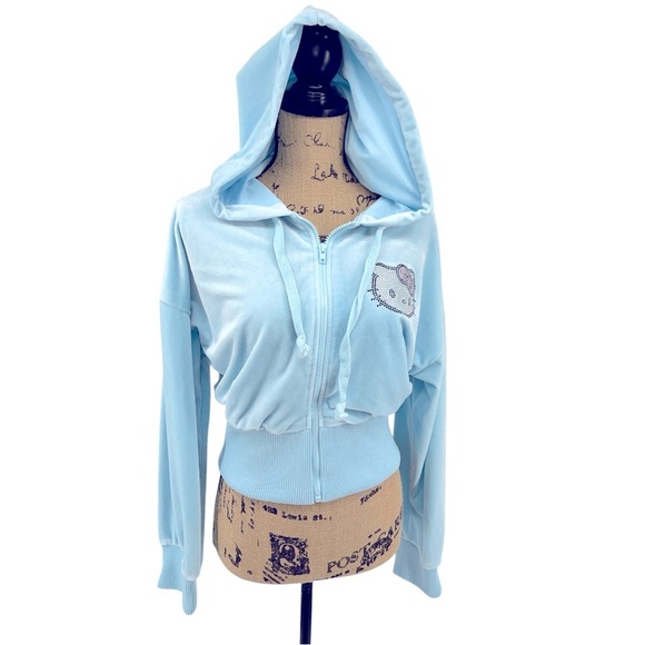 Forever 21 X Hello Kitty & Friends Ltd Edition Velour Cropped Hoodie Baby Blue - Picture 1 of 16